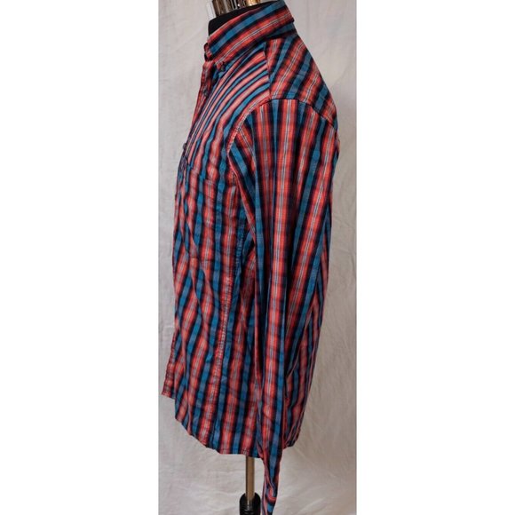 Wrangler Performance Mens Medium Red blue Stripe Long Sleeve Button Logo Shirt - Picture 5 of 11